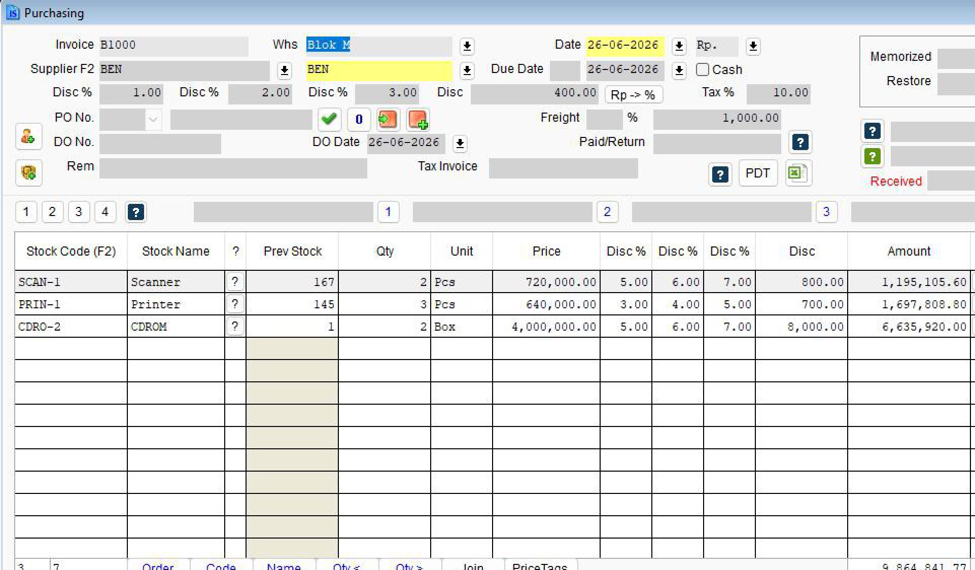 The Purchasing invoice screen in ISX for Windows