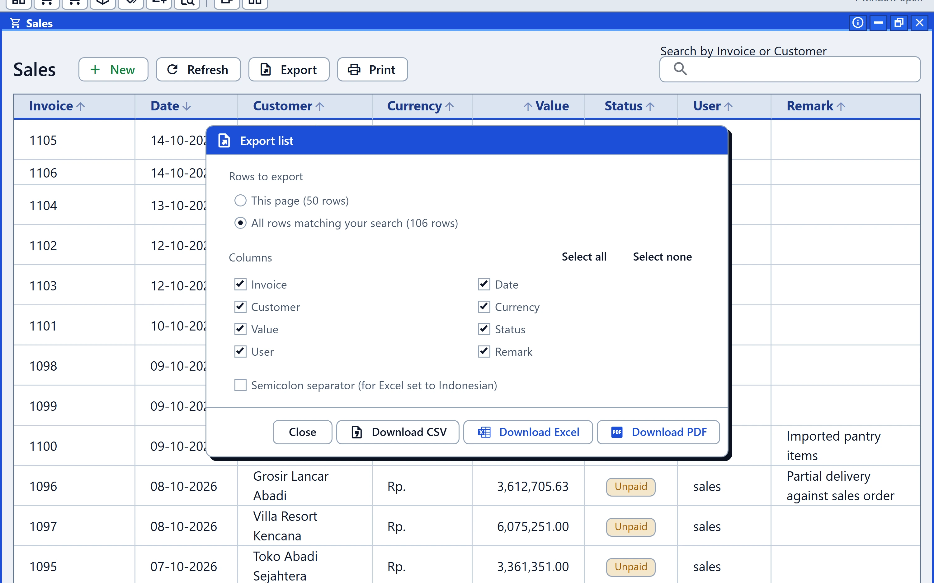 Export dialog on the Sales list with CSV, Excel and PDF buttons