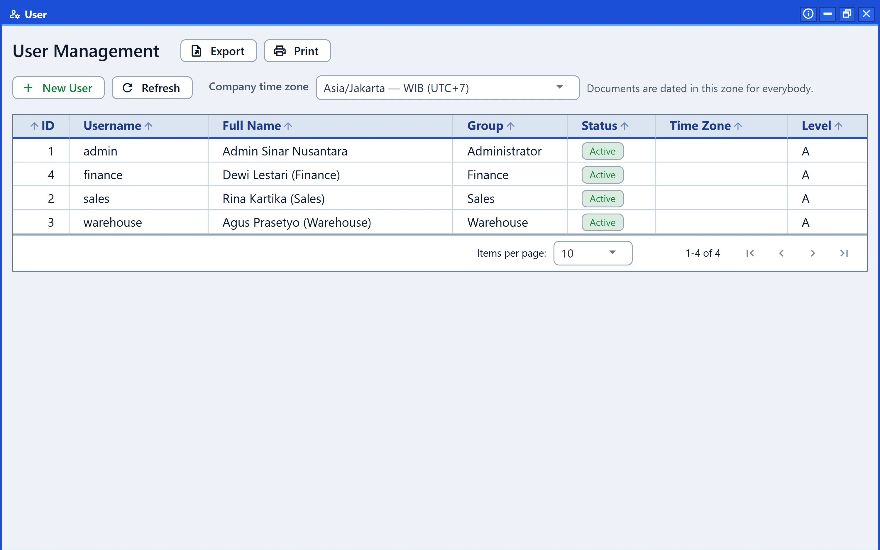 User Management screen listing four users and their groups